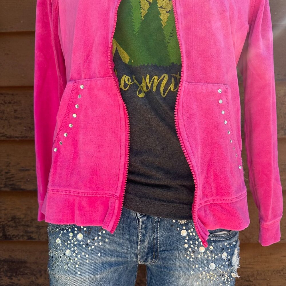 Everlast Sport Pink Velour Zip-Up Hoodie Womens M With Hood & Rhinestone Accents - Picture 5 of 10